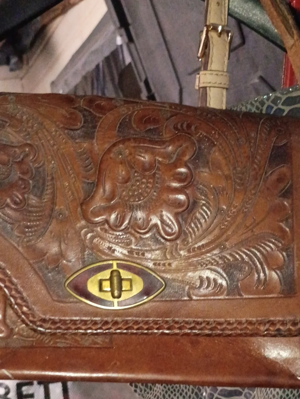 Hand-Tooled Brown Leather Crossbody Bag